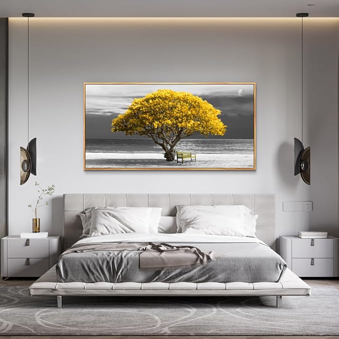 MHARTK66 Wood Framed Wall Decor For Living Room Large Canvas Wall Art For Office Bedroom Decoration Art Black And White Scenery Wall Painting Yellow Trees View Picture Hotel Room Home Artwork