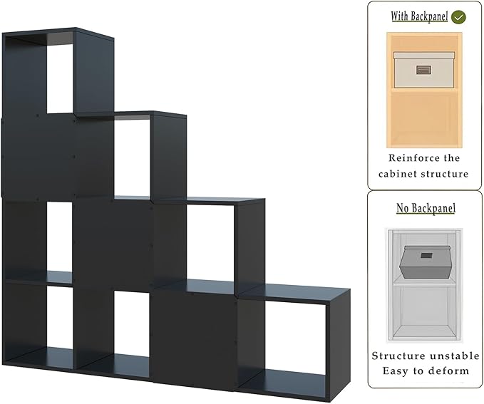 Ladder Cube Storage Bookcase - Wooden L-Shaped 4-Tier Corner Shelf, Reversible 10-Cube Organizer for Home & Office, Black
