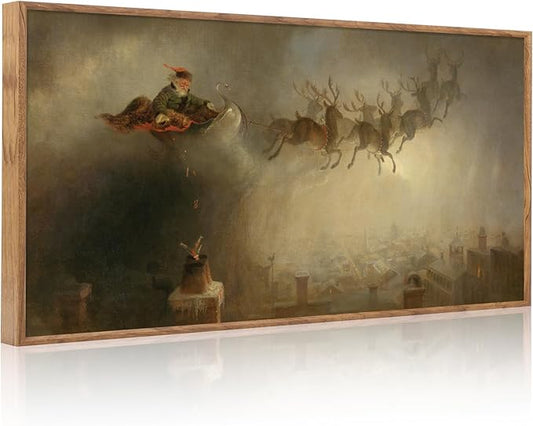 Aurlan Vintage Santa's Sleigh Rides Framed Wall Art(40"x20"), Mid Century Modern Moody Black Christmas Eve Santa Claus with Reindeer Sleigh Canvas Artwork, Neutral Abstract Xmas Winter Holiday Gift Decor for Home Office Bedroom