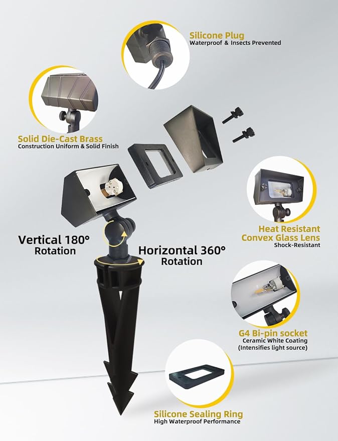 COLOER Brass Small Rectangular Flood Lights Outdoor 12-Pack Without Bulb, 12V Low Voltage Landscape Outside Lights for House Illuminating Signs, Walls and Plant Material