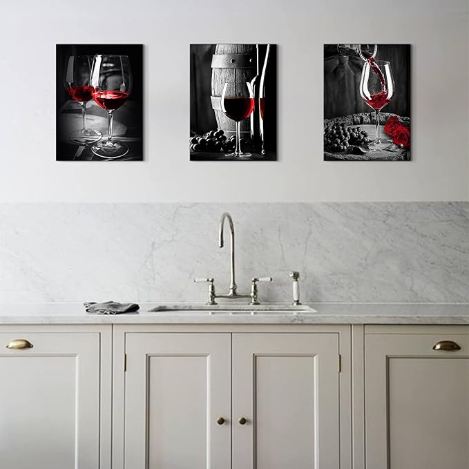 Kitchen Wall Art for Dining Room Red Wine Decor Glass Cup Barrel Bar Canvas Picture Painting Black and White Vintage Artwork Fruit Goblet Poster Decorations Family Restaurant Bedroom 24x32 Inch 3pcs