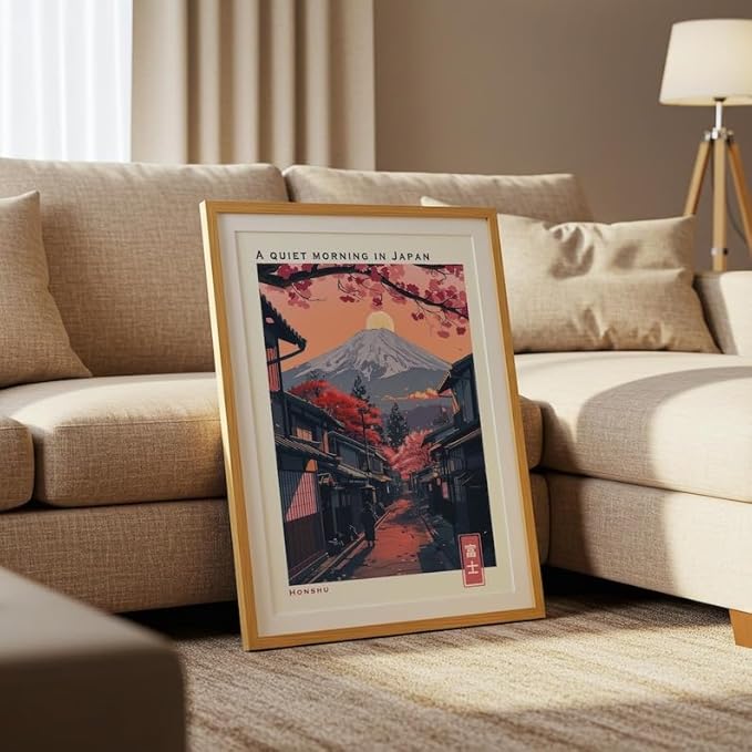 Mount Fuji Poster, Japanese Wall Art Print with Cherry Blossoms, Vintage Travel Landscape Artwork, Japandi Asian Home Decor for Living Room, Bedroom or Office (Unframed) (12x18)