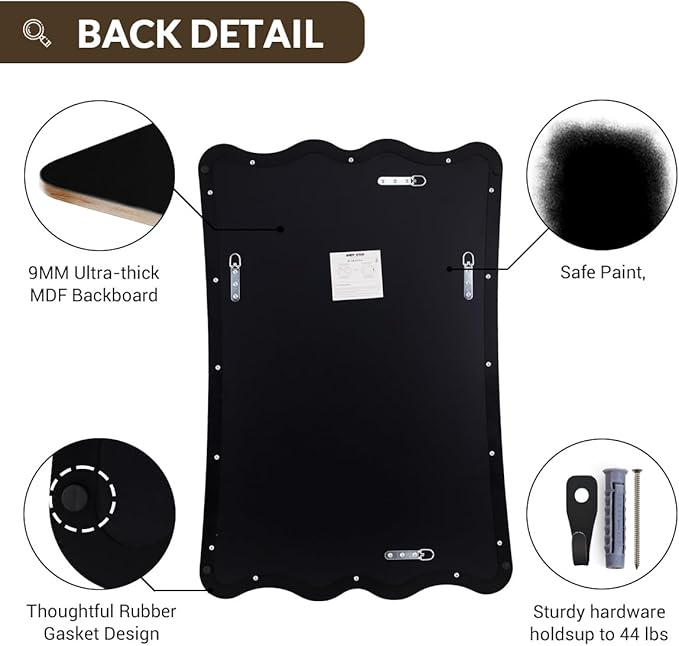 ANDY STAR 24x36 Wavy Rectangle Bathroom Mirror, Matte Black Scalloped Mirror with Curved Design, Irregular Wall Mirror for Vanity, Powder Room, Wall Decor, Stainless Steel Frame, Anti-Rust