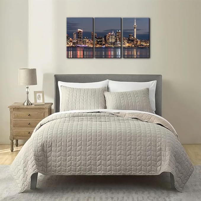 Pacimo Auckland Cityscape Wall Art - Framed Canvas Painting Prints with City Night Skyline Design - Perfect for Modern Artwork Home Decor Wall Decor for Living Room Bedroom Office - 16"x24"x3 Panels