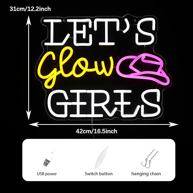 Let’s Glow Girls Neon Sign for Wall Decor 16.5‘’*12.2‘’ Light Up Sign Powered by USB Dimmable Led Cowboy Hat Neon Light for Girls Room Bedroom Party Wedding Gifts (White Yellow Pink)