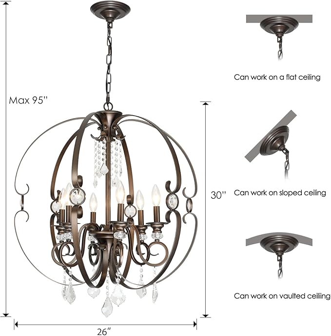 Oil-Rubbed Bronze Crystal Chandeliers for Dining Room Light Fixture, 6-Light 26 Inch Sphere Vintage Chandelier for Kitchen Island, Living Room, Foyer, Staircase, Entry, Villa