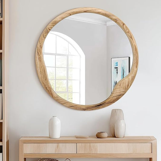 AOAOPQ Beige Wood Framed Mirror for Wall 20x20 Inch Rounded Mirror Bathroom Vanity Mirror Farmhouse HD Glass Hangs Mirrors