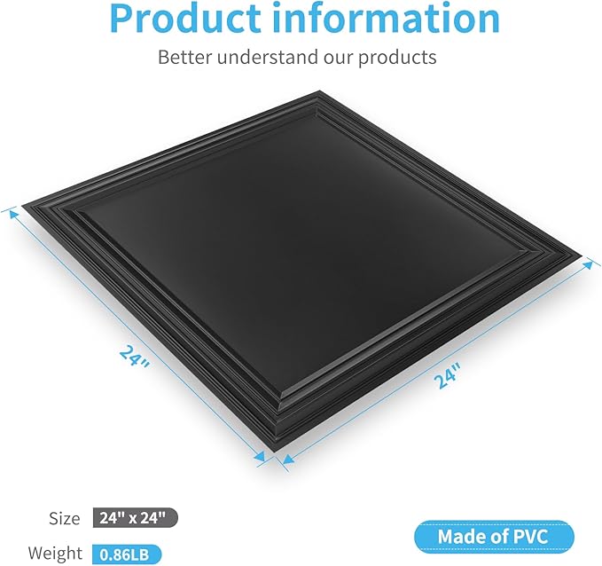 Art3d 24-Pack Drop Relief Ceiling Tiles for Home, Office & Commercial Space, 24 x 24in PVC Waterproof 3D Wall Panels Cover 96 Sq. Ft, Black