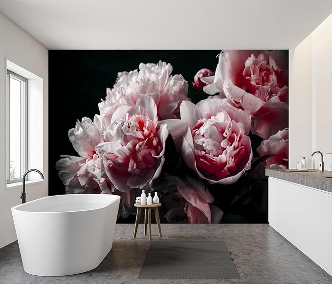 Black Peony Pink Floral Living Room Fabric Wallpaper Bedroom Bathroom Dark Flowers Large Wall Mural- 183"x120"（ not Peel and Stick）