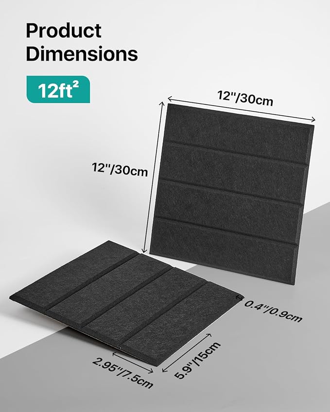 12 Pack Sound Proof Foam Panels for Walls, Self-Adhesive Acoustic Panels Sound Absorbing, 12" X 12" X 0.4" High Density Soundproof Wall Panels Tiles for Door, Ceiling, Home Office, Black