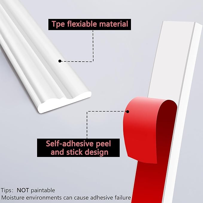 moonoom 20 Ft x 1.6''Wall Decoration Molding Trim,Self-Adhesive 3D Chair Rail Panel Molding, Flexible DIY Wall Trim for Walls Mirror Window Frame and Home Decoration