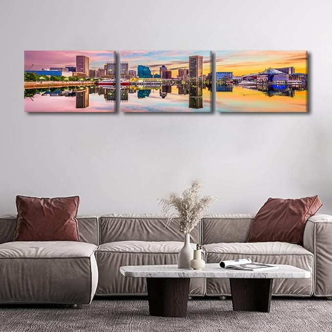 Canvas Wall Art for Living Room Baltimore Maryland Modern Home Decor USA Skyline on the Inner Harbor HD Printed Posters for Bedroom Office Wall Art Painting Bathroom Pictures Ready to Hang 16x72 Inch