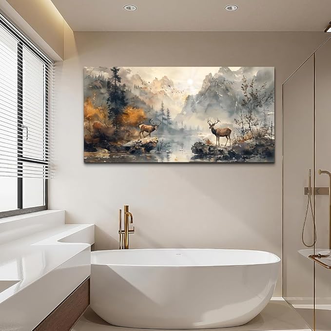 KELIYUAN Framed Canvas Wall Art Decor Living Room Large Wall Decorations For Office Mountain Landscape Ink Painting Abstract Pictures Bedroom Wall Decor Artwork Room Mural Home Decor 24x48 In