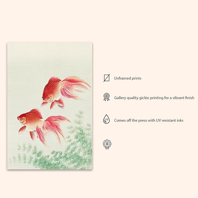 OZCONO Japanese Goldfish Wall Art Print, Vintage Ukiyo-e Style Woodblock Poster, Gold Fish Home Decor (11L x 9W)