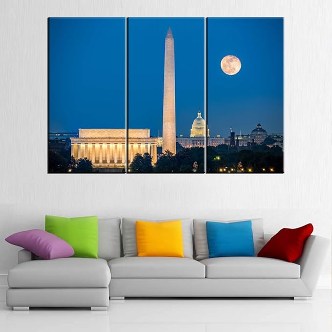3 Piece Canvas Wall Art -Lincoln Memorial, Washington Monument and Capitol Building in Washington DC as viewed from Arlington, Virginia- Modern Home Decor Stretched and Framed Ready to Hang 20"x40"x3