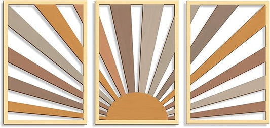 COLOR VALLEY ART Boho Wall Sculptures - Set of 3 Wood Wall Decor Pcs - Chic Sun Wall Artwork for Modern Home - 16.5"x33" Horizontal and Long Pictures for Wall Decor - Ideal for Living Room and Bedroom