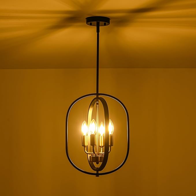 12.2'' Black and Gold Farmhouse Chandelier 4 Light Fixture for Dining Room, Kitchen Island & Entryway, Adjustable Industrial Rustic Geometric Hanging Chandelier for Living Room, Foyer, Hallway