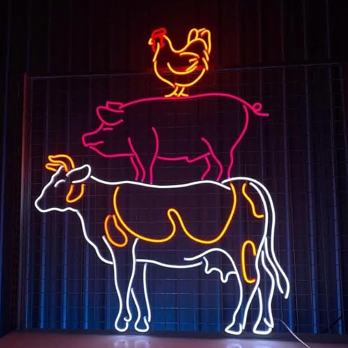 Cow Pig Chicken Farm & BBQ Restaurant Led Sign, Custom Neon Sign, Barbecue Restaurant Decor, Beef Pork Chicken Shop Wall Art Led Lights Size:28inch