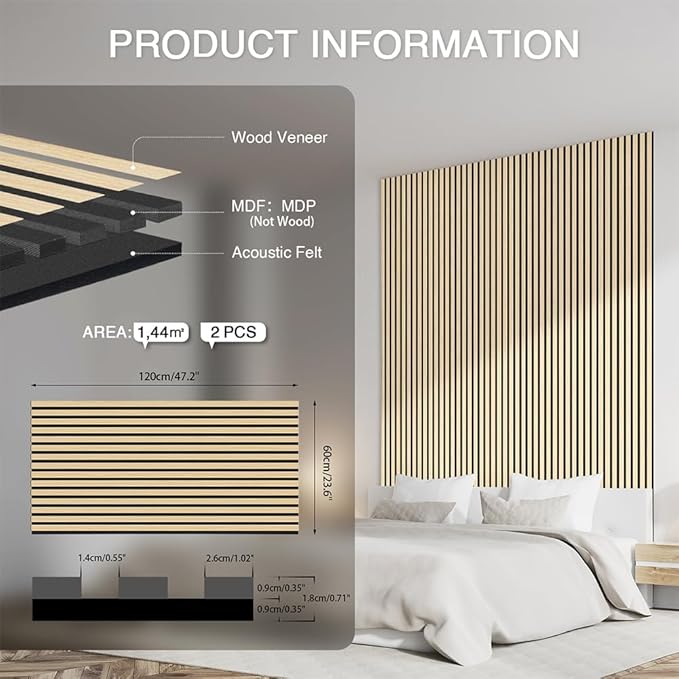 2-Pack Wood Slat Wall Panel 47.2"x23.6" (15.5 sq ft)|Soundproof and Acoustic Wall Panels for Interior Decor|Wood Panels for Wall and Ceiling for Office,Home Theater & Living Room Oak#13