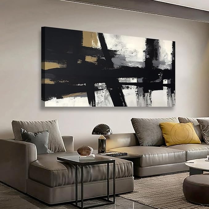 Black and White Abstract Pictures Canvas Wall Art for Living room Office Bedroom Wall Decor,Abstract Wall Art Print Paintings Modern Black Yellow Artwork Waterproof Ready to Hang-28X57 inch