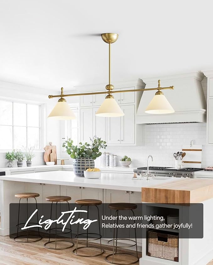 Linear Chandelier, Modern Chandelier for Dining Room Light Fixture, Dining Light Fixtures with Milk Glass Shade Pendant Lights Kitchen Island for Restaurant, Living Room (Gold, 3-Lights)