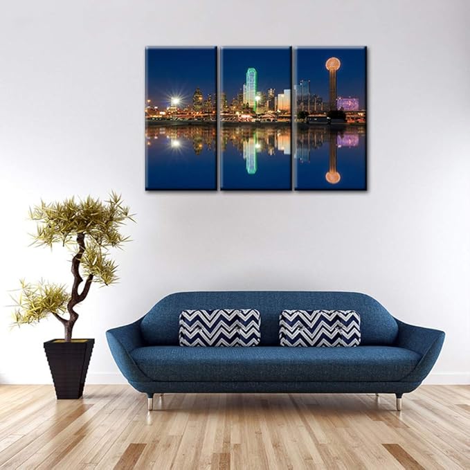 3 Piece Dallas Skyscrapers Reflected in Trinity River at Sunset Giclee Canvas Prints Modern Stretched and Framed Art work Cityscape Pictures Paintings on Canvas Wall Art for Bedroom Home Decorations