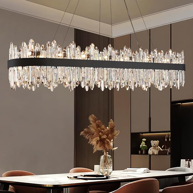Black Oval Crystal Chandelier L57 inch, 32-Lights Chandeliers Modern Crystal Chandelier Pendant Light Fixture G9 Lights Pendant Ceiling Light for Kitchen Island High Ceiling