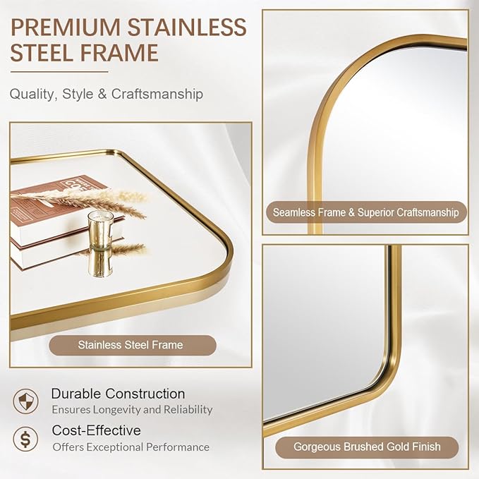 ANDY STAR 36x30'' Brushed Brass Arched Mirror, Modern Arched Mantel Rectangular Mirror Rounded Corner for Fireplace, Bathroom, Powder Room in 1 inch Anti-Rust SUS304 Tube Metal Frame Wall Mounted