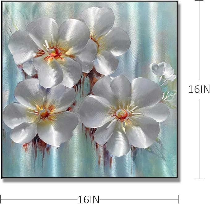 BATRENDY ARTS Silver and Aqua Metal Wall Art Framed Flower Aluminum Painting Hand-polished 3D Botanical Hanging Sculpture Artwork for Bathroom
