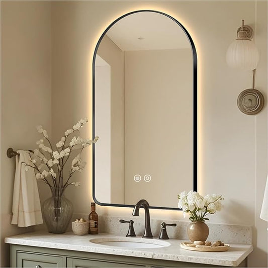 36" x 24" Arched LED Bathroom Mirror, Brushed Black Framed, Backlit Vanity Mirror with Lights, Wall Mounted Lighted Mirror, Dimmable 3-Color Shatter-Proof Arch Smart Mirror, UL-Listed, CRI≥93