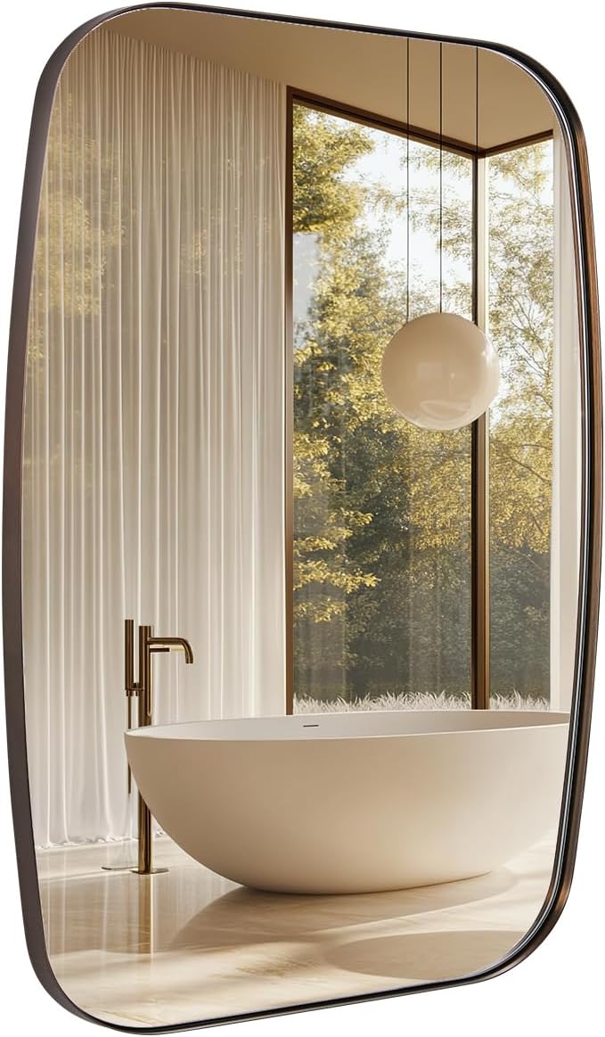 ANDY STAR Bronze Oblong Mirror, 32x40 Inch Brushed Bronze Oval Mirror for Bathroom with Stainless Steel Metal Frame, Wall Mouned for Bathroom, Living Room, Entryway