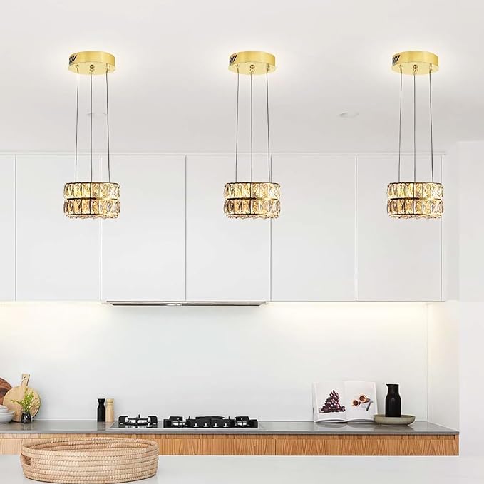 Led 7.8" Gold Ring Crystal Chandelier, Modern Dimmable Chandeliers Lighting and Hanging Adjustable, LED Round Ceiling Light Fixtures for Dining Room Living Room