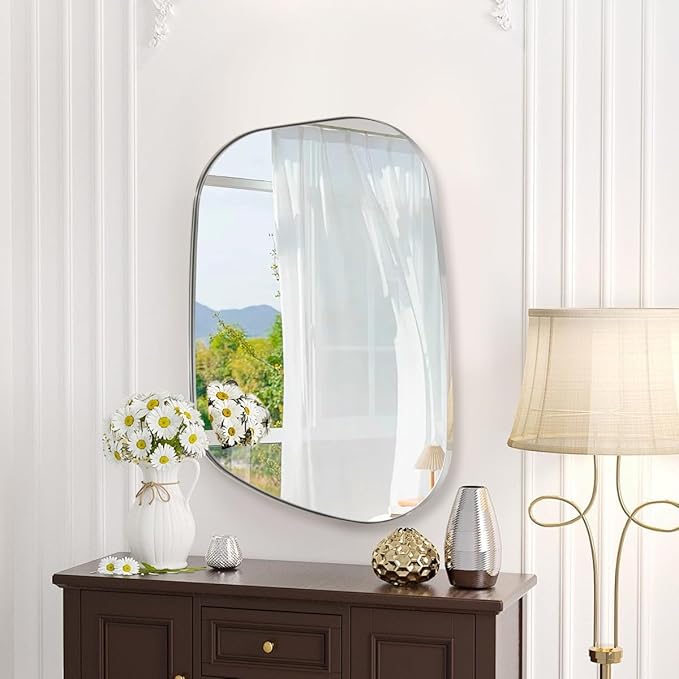 ANDY STAR 22"x30" Chrome Bathroom Mirror, Irregular Wall Mirror in Stainless Steel Metal Frame, Modern Polished Chrome Finish with Curved Edge Design, Wall-Mount Vertically or Horizontally