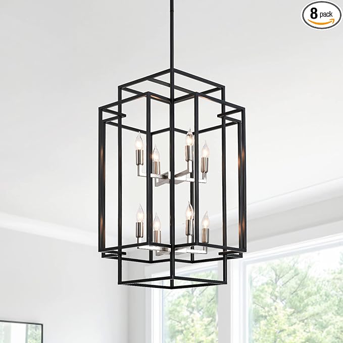 31.5" Farmhouse Chandelier, 8-Light Black & Silver Lantern Pendant Light, Modern Foyer Lighting Fixtures, Entryway Chandeliers for High Ceilings, for Living Room,Staircase,Hallway