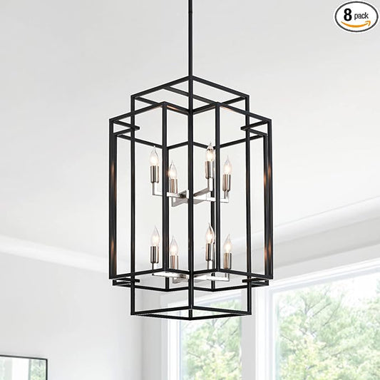 31.5" Farmhouse Chandelier, 8-Light Black & Silver Lantern Pendant Light, Modern Foyer Lighting Fixtures, Entryway Chandeliers for High Ceilings, for Living Room,Staircase,Hallway