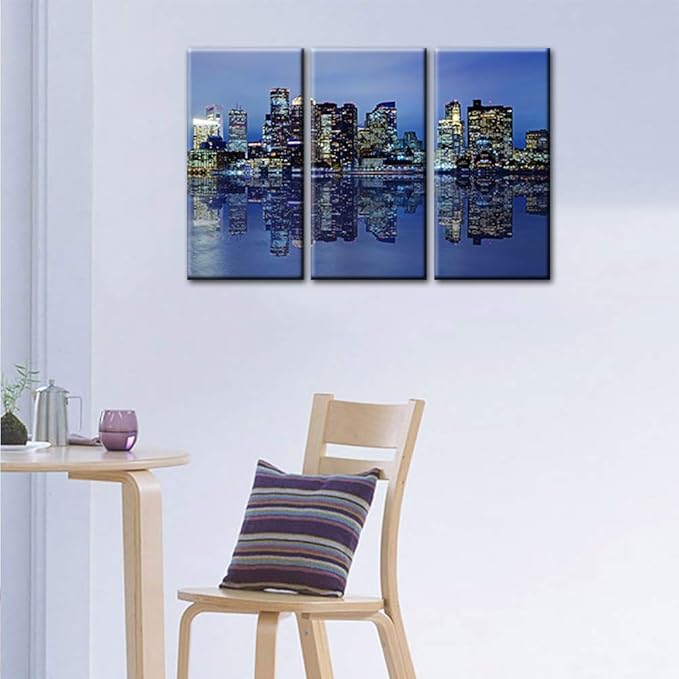 Colorful Panoramic Boston Skyline Modern Art Work Cityscape Pictures Paintings on Canvas Wall Art Wall Pictures for Bedroom Art Home Decorations Office Decor Ready to Hang (24‘’ x 12‘’ x 3 panels)