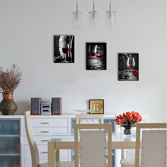 Kitchen Wall Art for Dining Room Red Wine Decor Glass Cup Barrel Bar Canvas Picture Painting Black and White Vintage Artwork Fruit Goblet Poster Decorations Family Restaurant Bedroom 24x32 Inch 3pcs