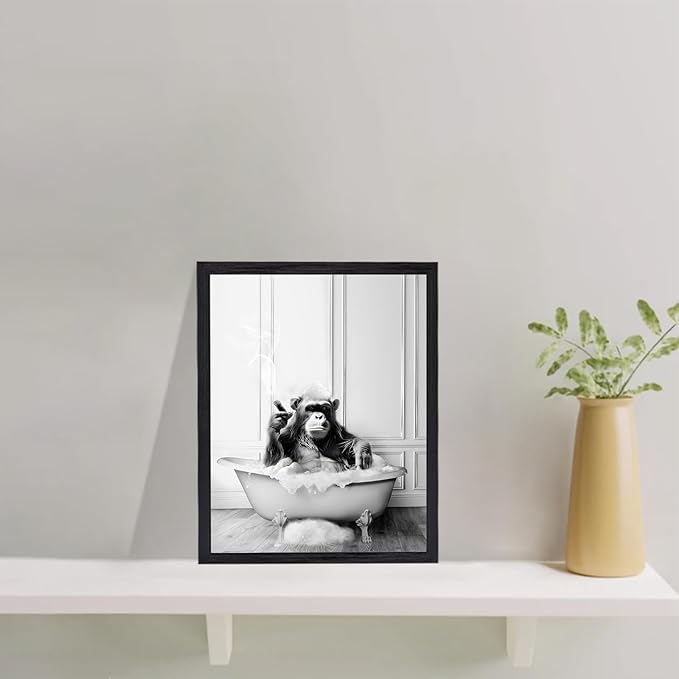 KBKBART Framed Bathroom Decor Wall Art, Chimpanzee in Bathtub, Black and White Wall Art, Funny Bathroom Wall Decor Signs, Cute Animal Art Home Decor (Framed,8''x10'')
