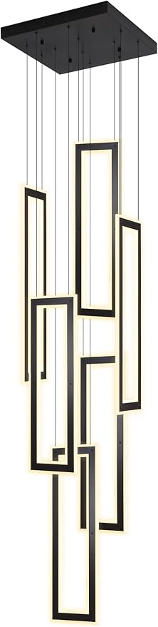 Modern Chandeliers, Black Chandelier with 6 Ring Led Foyer Chandeliers,Larger High Ceiling Chandelier for Living Room,Square Chandeliers for Entryway Staircase LED Dimming 2700k-6000k