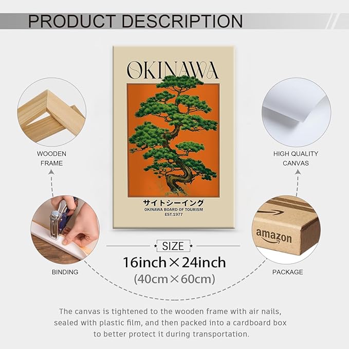 Japanese Canvas Wall Art Orange Okinawa Prints Retro Japanese Bonsai Tree Picture Modern Ukiyo-e Decor Poster for Asian Living Room Bedroom Dorm Bathroom 16x24 inch Framed
