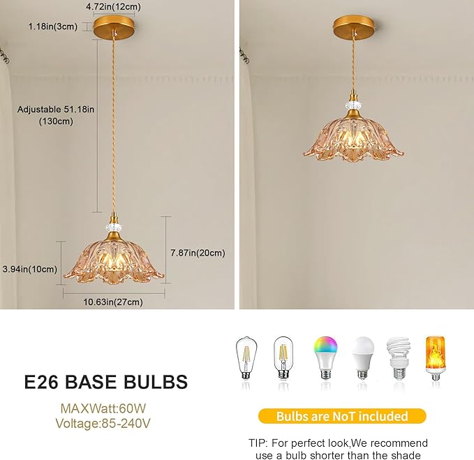 1 Piece Vintage Chandelier Light Fixtures with Amber Glass Shade,Matte Brass Finish Pendant Light for Kitchen,Hanging Light Fixture for Dining Room, Hallway, Living Room, Bedroom