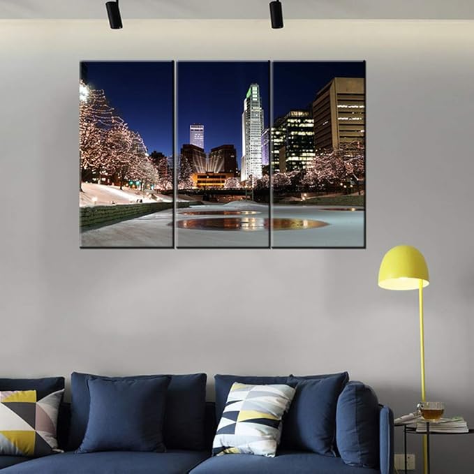 Native American Wall Art Painting - Downtown Omaha Shines With Holiday Lights on Canvas - Nebraska Cityscape Picture Print for Home Decor - 24'' x 12'' x 3 Panels/Set