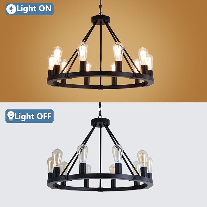 9MMML 10 Lights Wagon Wheel Chandelier, Black Round Globe Wrought Iron Pendant Lights for Dinging&Living Room Kitchen Island Porch Enteyway Hallway,Dia26.4,E26 Bulbs, Heights Adjustable
