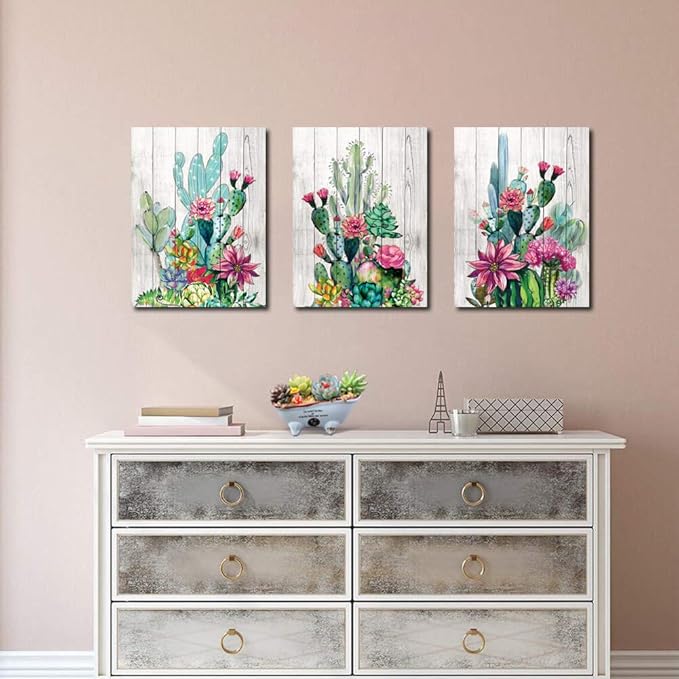3 Piece Framed Wall Art Watercolor Tropical Plant Desert Cactus Canvas Print for Bedroom Bathroom Spiny Flower Artwork Home Office Wall Decoration 12x16 3 panels Decor