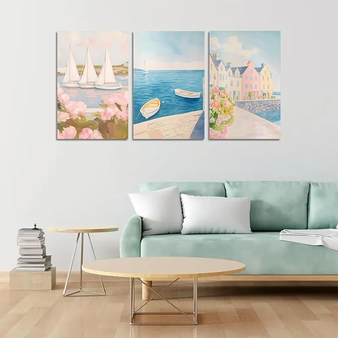 Large Ocean Beach Framed Oil Paiting Canvas Wall Art Pink Landscape Art Beach Sailboats Canvas Blue Sky White Clouds Scenery for Living Room Bedroom Office - 20x28inchx3Pcs