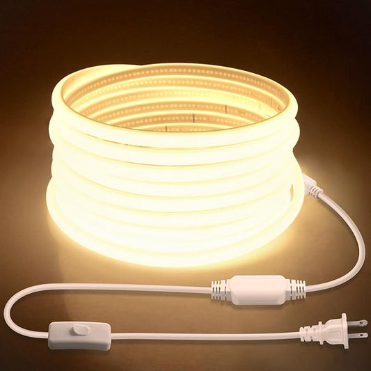 10FT Outdoor COB LED Strip Lights Waterproof with Switch Plug in AC 110V-120V LED Rope Light Warm White IP65 3M 3000K Super Bright High Density LED Tape Light Indoor for Garden Decor