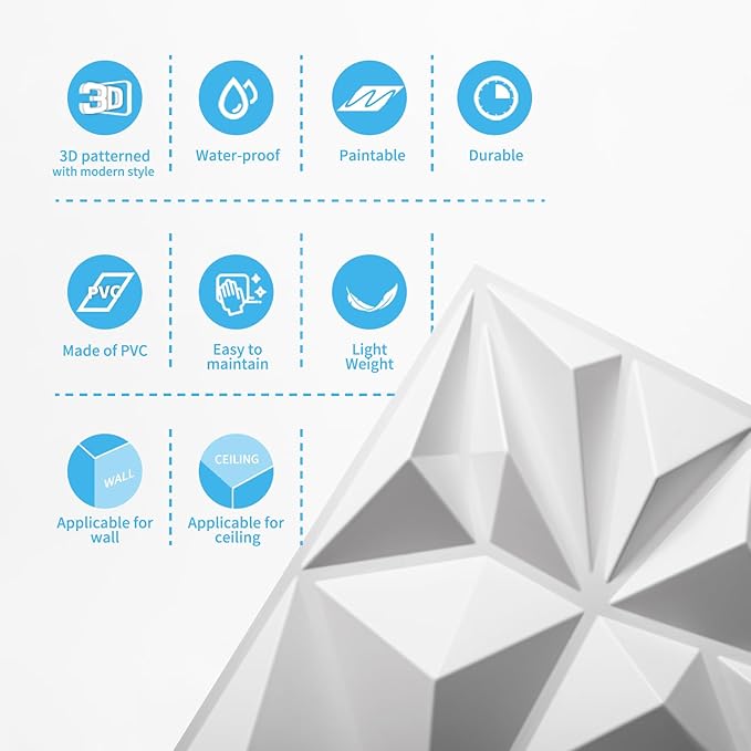 Art3d 50-Pack 3D Wall Panels for Interior Wall Decor, Modern Diamond Textured Accent Wall Paneling for Gaming Living Room TV Wall Background, 12 x 12 inch White