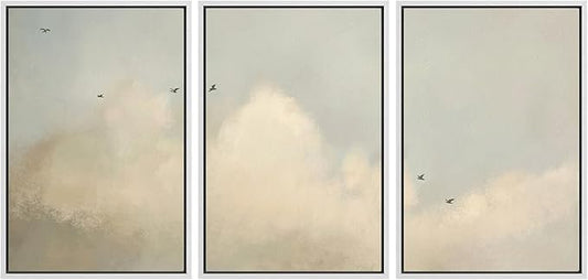 MUDECOR Framed Wall Art Print Set Minimalist Serene Sky with Birds Illustrations Modern Art Boho Decorative Colorful Chic for Living Room, Bedroom, Office - 24"x36"x3 White