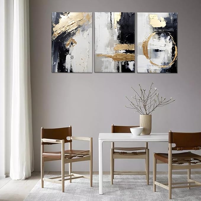 MAMAGO Large Scale Abstract Wall Art Monochrome with Gold Accents Abstract Painting Ideal for Stylish Interiors like Living Room Office Framed Ready to Hang - 20x28 inch x3pcs