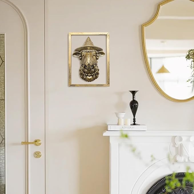 Animal Heads Wall Decor (Includes Metal Frame) Resin Animals Sculptures Head Wall Hanging Decoration Gold vintage Wall Sculpture for Living Room Bedroom Office(Sheep)